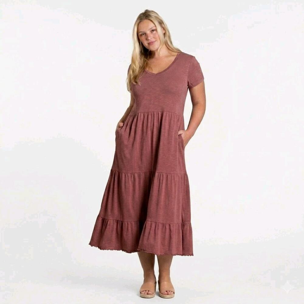 Toad & Co Primo Tiered Midi Dress XL Mauve Organic Cotton Short Sleeve Pockets